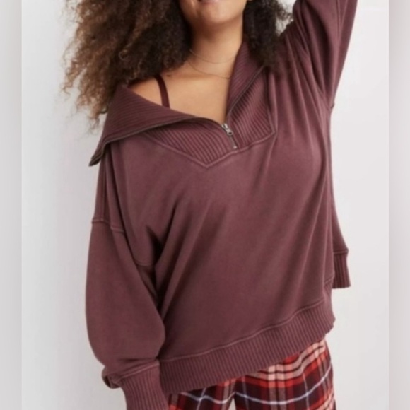 aerie Tops - AERIE Down To Earth 1/4 Zip Oversized Sweatshirt Ribbed Wide Funnel Collar XS